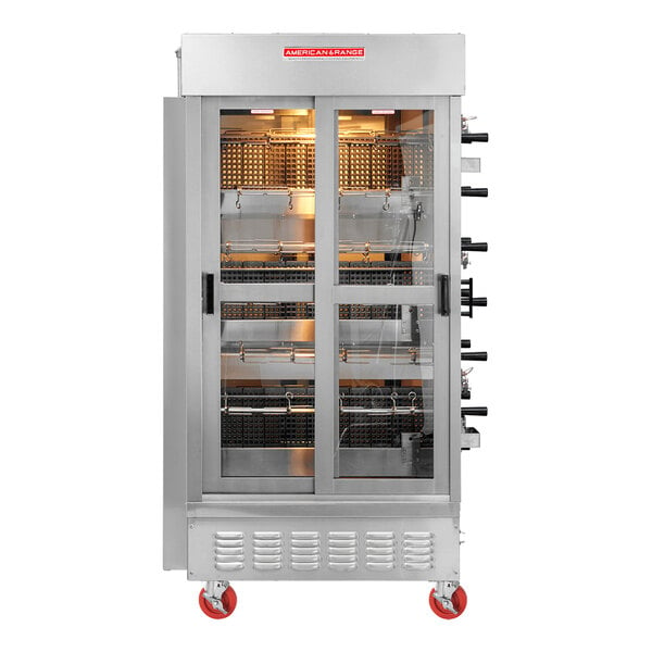 An American Range liquid propane rotisserie with 14 spits and casters.