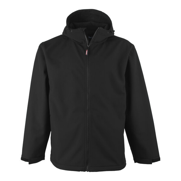 A black RefrigiWear softshell jacket with hood and zipper.