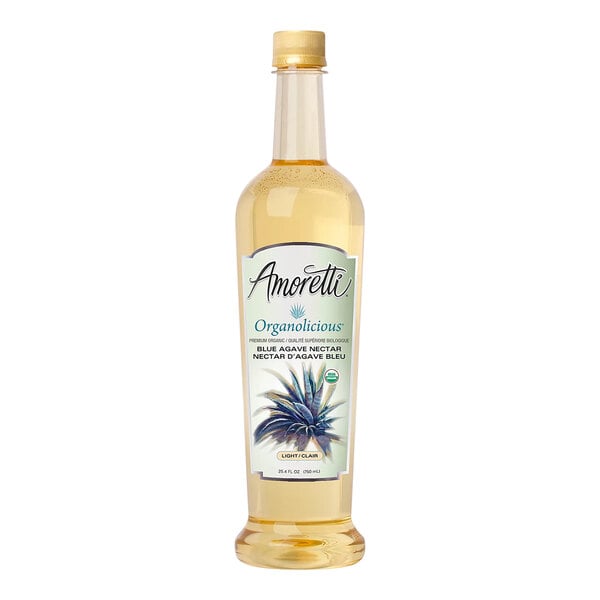 A close up of a bottle of Amoretti Organolicious Organic Light Blue Agave Nectar with a label.