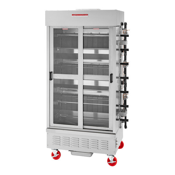 An American Range metal rotisserie cabinet with red casters.