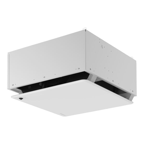 A white rectangular ceiling-mounted Fellowes Array air purifier with black edges and holes.