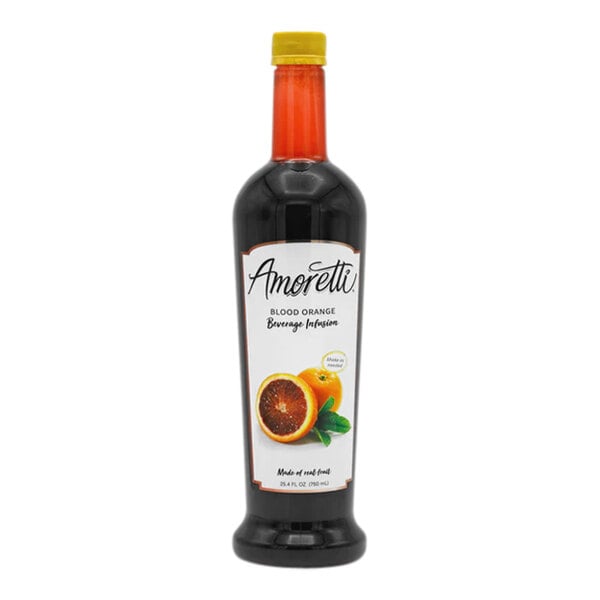 A close up of a bottle of Amoretti Blood Orange Beverage Infusion with a label.