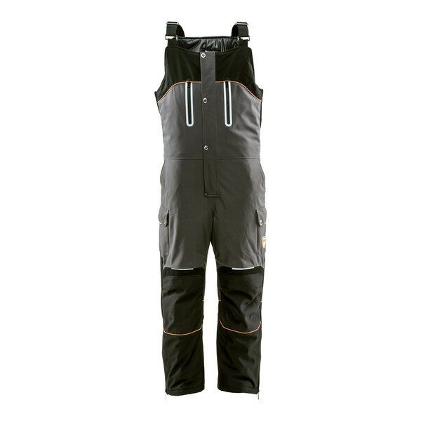 Black and grey RefrigiWear PolarForce insulated bib overalls with orange trims.