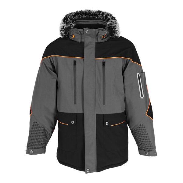 A black and grey RefrigiWear PolarForce parka jacket with orange accents.