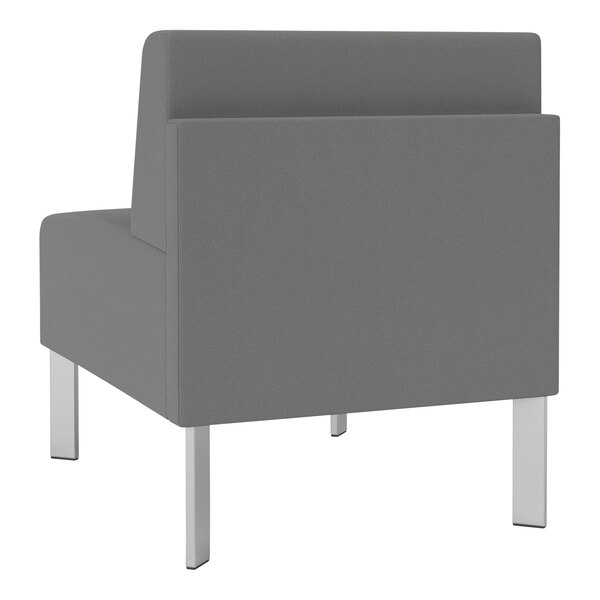 A Lesro Luxe Lounge Series grey fabric guest chair with steel legs.