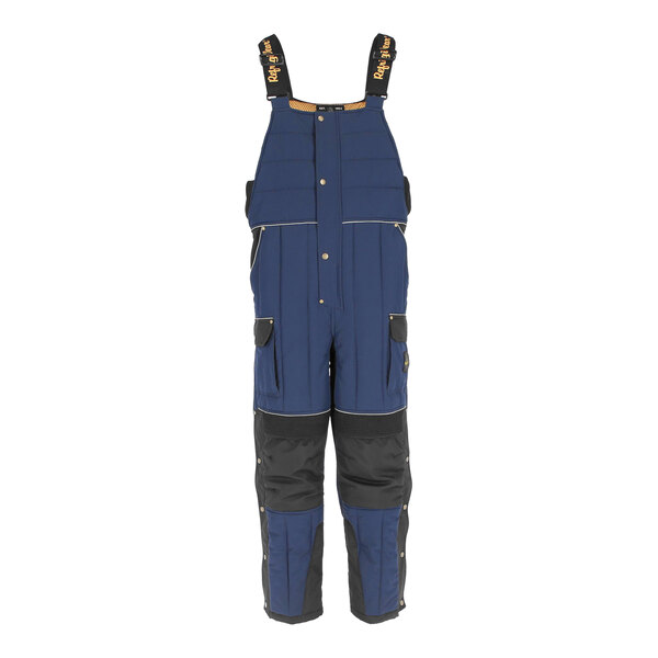 RefrigiWear navy blue insulated bib overalls with black straps and pockets.