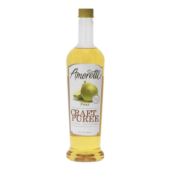 A bottle of Amoretti Pear Craft Puree with a label.