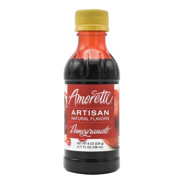 A black bottle of Amoretti Pomegranate Artisan Natural Flavor Paste with a red label.