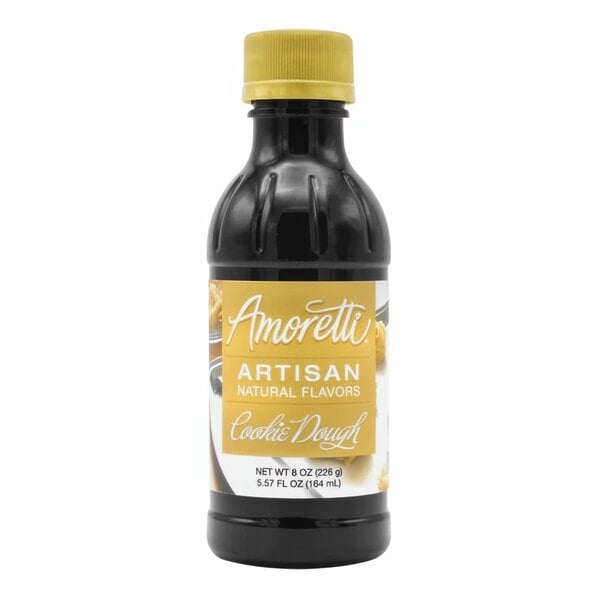 A black bottle of Amoretti Cookie Dough Artisan Natural Flavor Paste with a yellow label and cap.