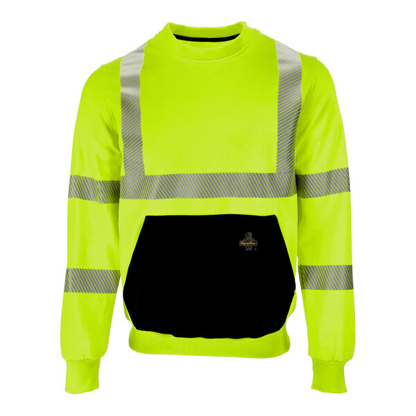 A yellow RefrigiWear crewneck sweatshirt with black and reflective stripes.