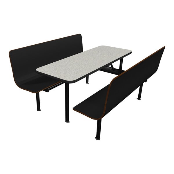 A Plymold white table top and benches with a white surface.