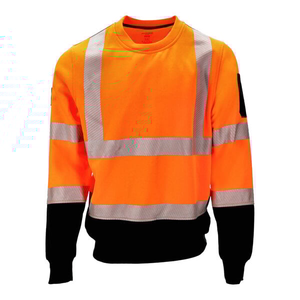 An orange and black RefrigiWear crewneck fleece with reflective tape.
