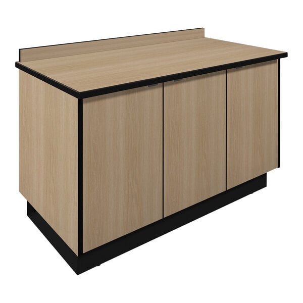A Plymold wooden condiment counter with a black top and trim.