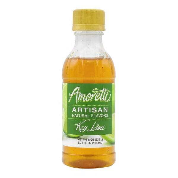 A bottle of Amoretti Key Lime Artisan Natural Flavor Paste with a yellow cap and green label.