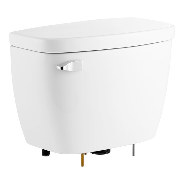 A white Sloan toilet tank with a silver handle.