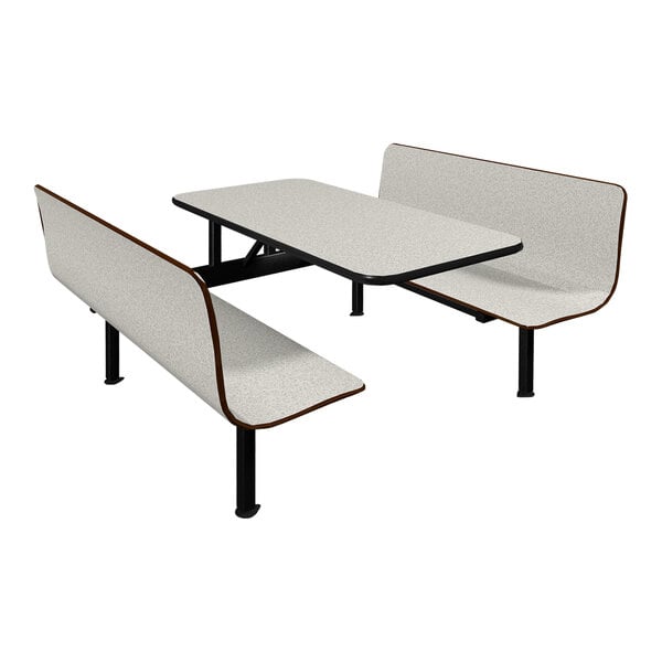 A Plymold white table with 2 white benches on it.