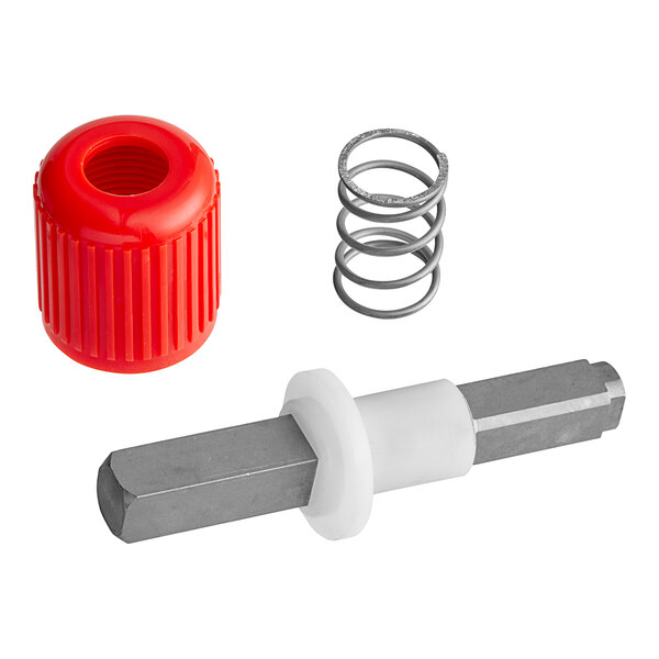 A white metal bolt with red and white plastic parts.