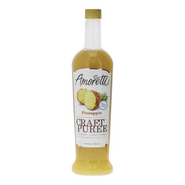 A bottle of Amoretti Pineapple Craft Puree on a white background.