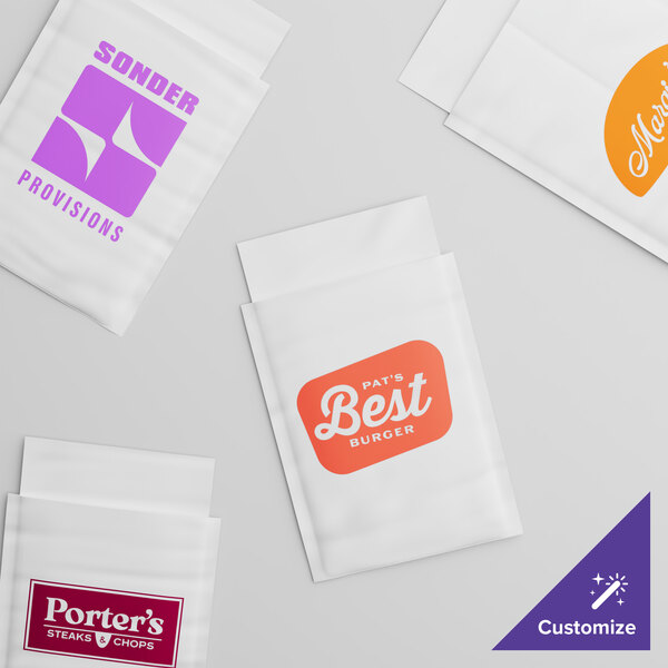 A group of white Vela layflat shipping bags with different designs.