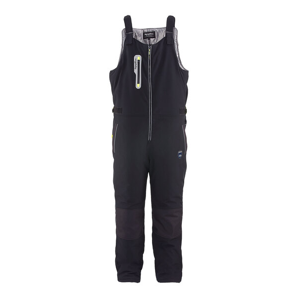 A black RefrigiWear Extreme Softshell bib overall with a zipper.