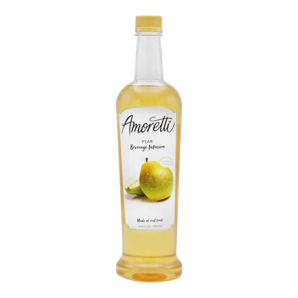 A close up of a bottle of Amoretti Pear Beverage Infusion with a label.
