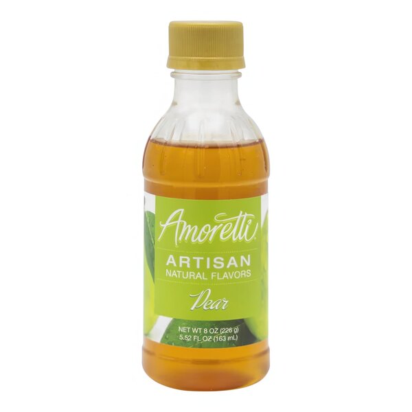A close up of a bottle of Amoretti Pear Artisan Natural Flavor Paste with a green and white label.