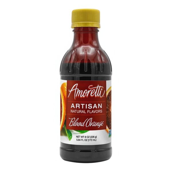 A bottle of Amoretti Blood Orange Artisan Natural flavor paste with a red label and a yellow cap.