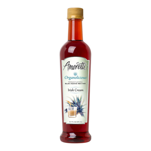 A close-up of a bottle of Amoretti Organolicious Organic Irish Cream Blue Agave Nectar with a label.