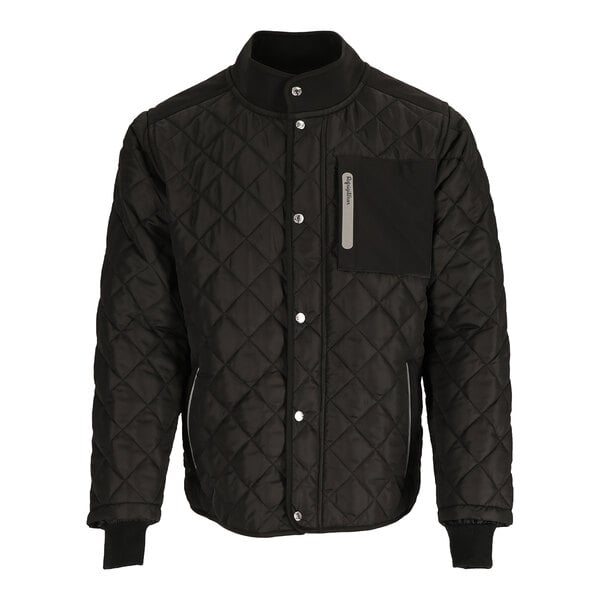 A black Refrigiwear quilted jacket with a zipper and a patch.