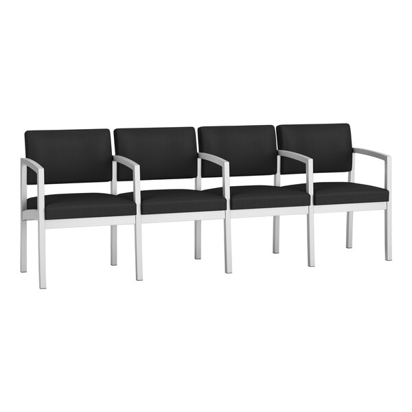 A row of black Lesro Lenox Steel Patriot Plus sofas with center arms.