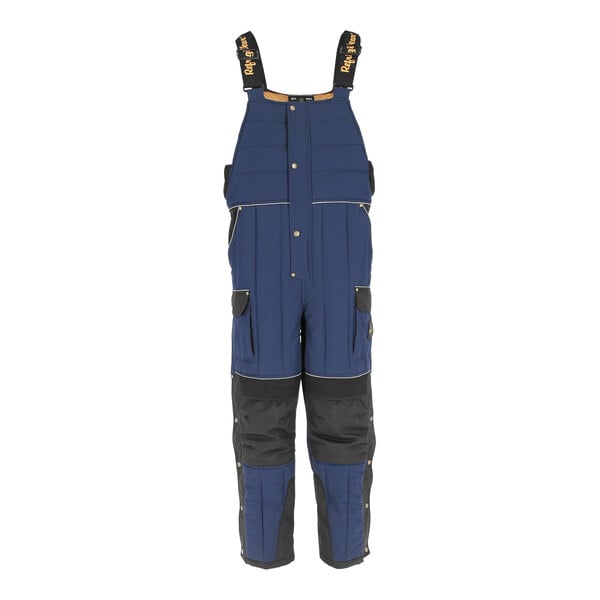 RefrigiWear navy blue insulated bib overalls with black straps and pockets.