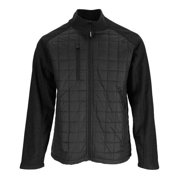 A black RefrigiWear EnduraQuilt jacket with a zipper and a hood.