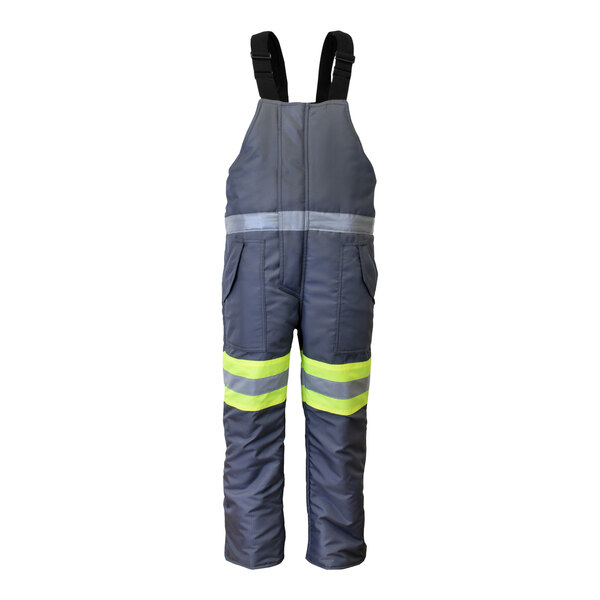 RefrigiWear Freezer Edge lime and grey insulated work overalls with reflective stripes.