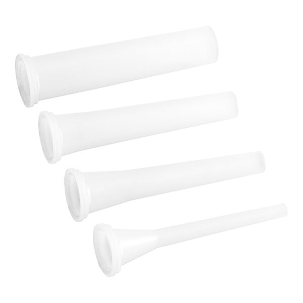 Three white plastic funnels with lids.