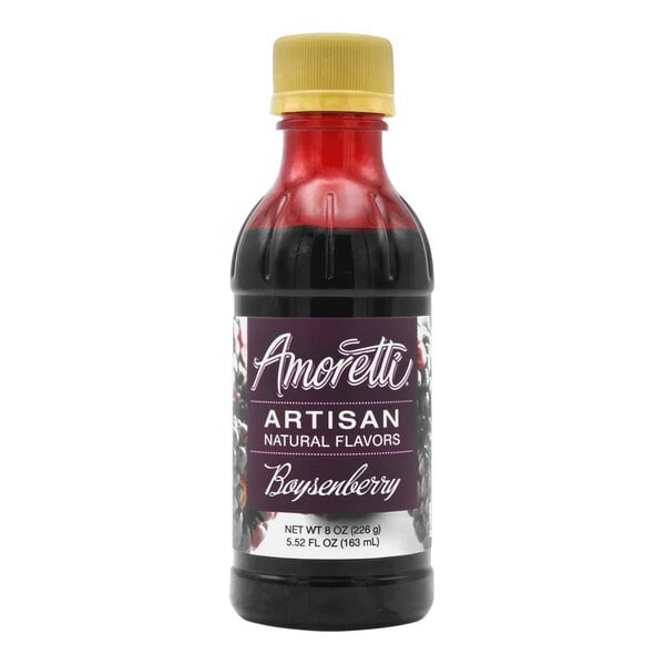 A bottle of Amoretti Boysenberry Artisan Natural Flavor Paste with a red lid and label.