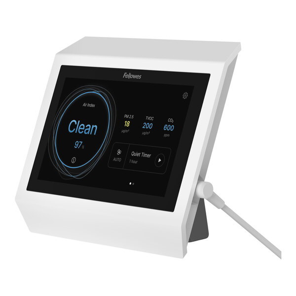 A white Fellowes Array Lookout Stand with a screen on a counter.