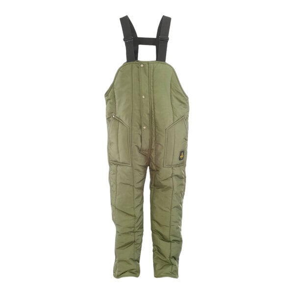 RefrigiWear Iron-Tuff Sage bib overalls with straps on a white background.
