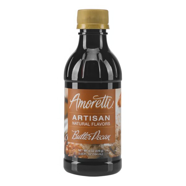 An 8 oz. bottle of Amoretti Butter Pecan Artisan Natural Flavor Paste with a brown label.