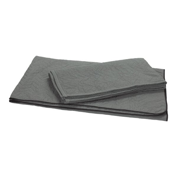 A stack of folded grey RefrigiWear insulated value blankets on a white background.