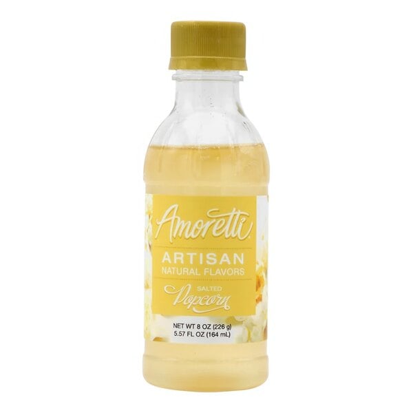 A bottle of Amoretti Salted Popcorn Artisan Natural Flavor Paste with a yellow label and yellow liquid inside.
