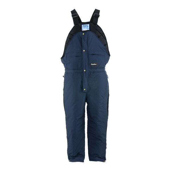 A pair of navy blue RefrigiWear insulated bib overalls with black trim and suspenders.