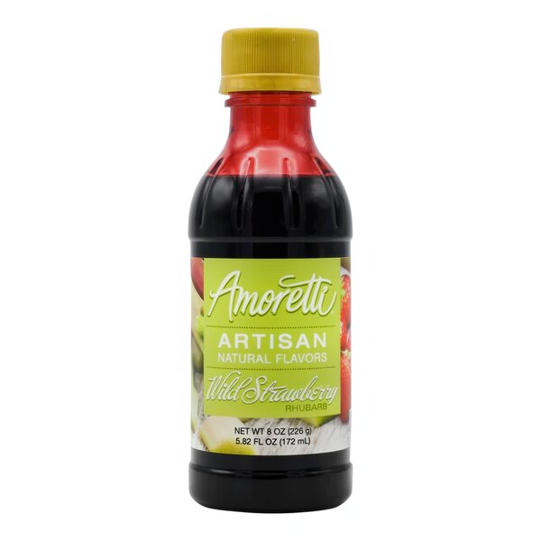 A black bottle of Amoretti Wild Strawberry Rhubarb Artisan Natural Flavor Paste with a yellow label.