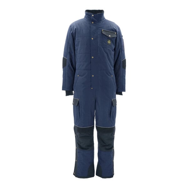 A navy blue RefrigiWear insulated coverall with black accents.