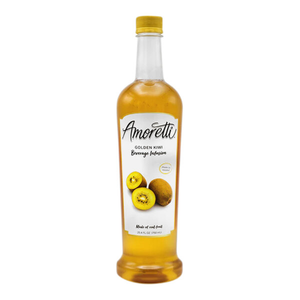 A close up of a bottle of Amoretti Golden Kiwi Beverage Infusion with a label.