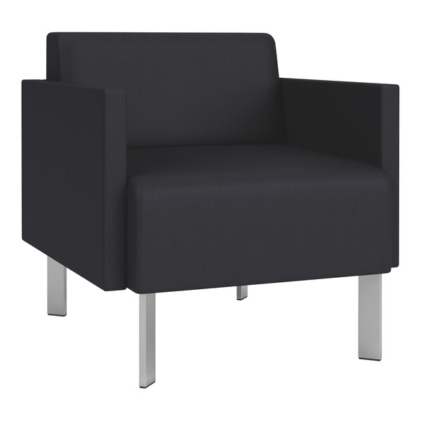 A Lesro black vinyl arm chair with steel legs.