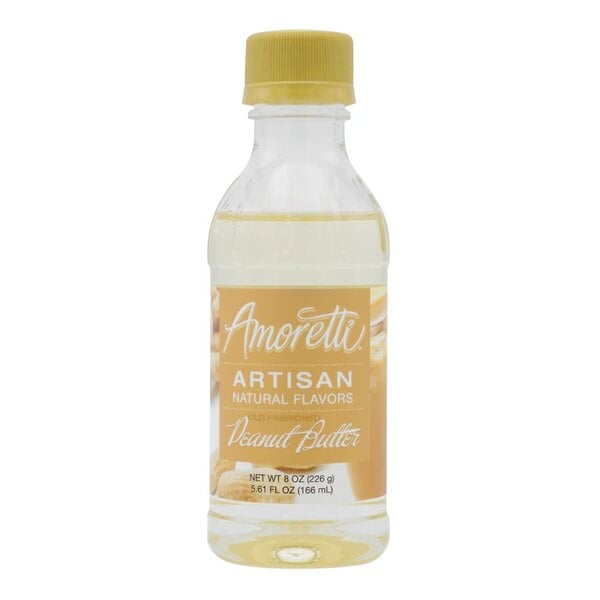 A close up of an Amoretti Old Fashioned Peanut Butter Artisan Natural Flavor Paste bottle and cap.