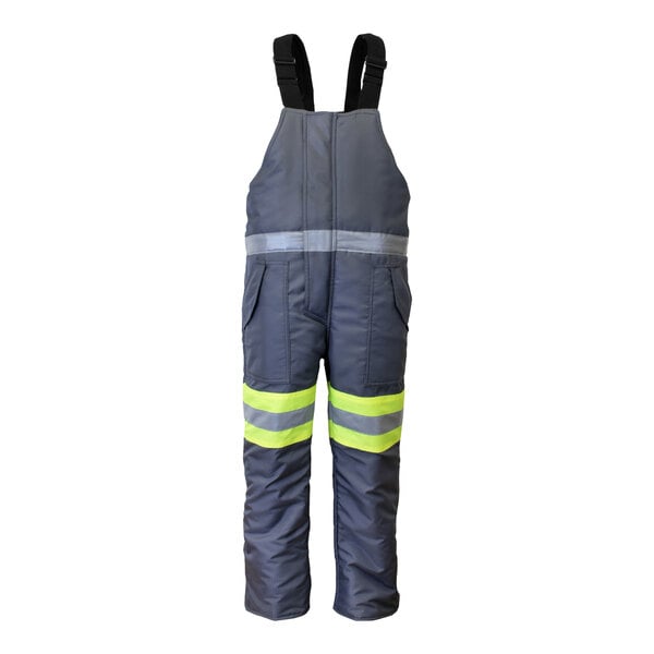 RefrigiWear Freezer Edge lime and grey insulated bib overalls with reflective stripes.