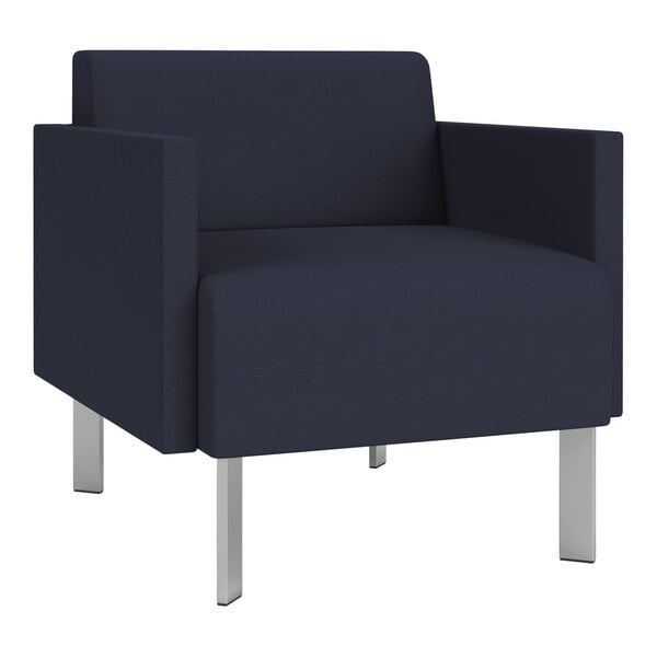 A Lesro navy fabric arm chair with steel legs.