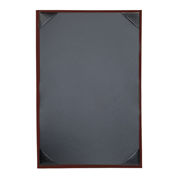 An oak wood menu cover with black panels and album style corners.