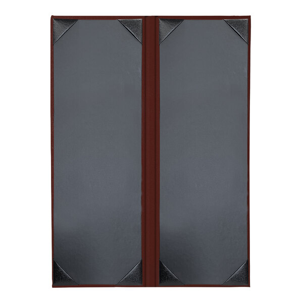 A grey rectangular menu cover with a red border and two panels.